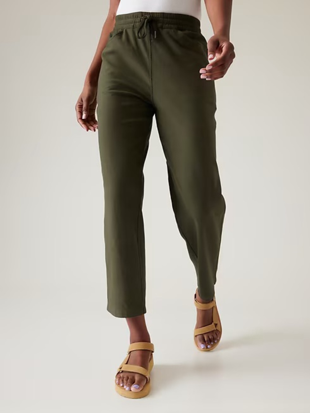 Athleta Farallon Pant Aspen Olive XL Straight Leg Pull On Cotton Lightweight